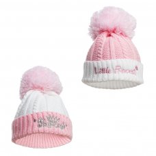 H684-P: Pink Cable Knit Hat w/Emb & Pom Pom (0-12 Months)